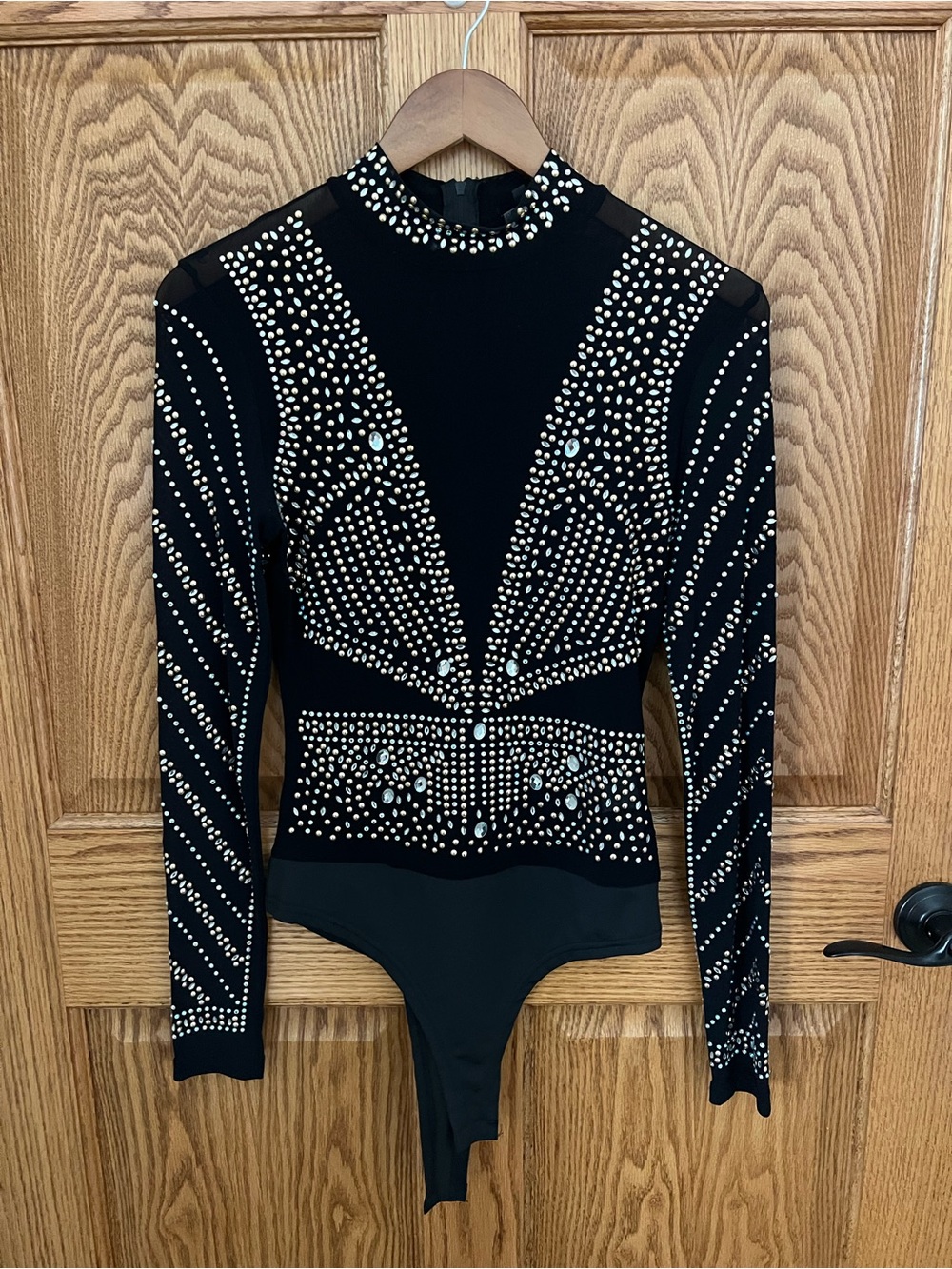 BKE Black Long-Sleeve Jewel-Studded Bodysuit